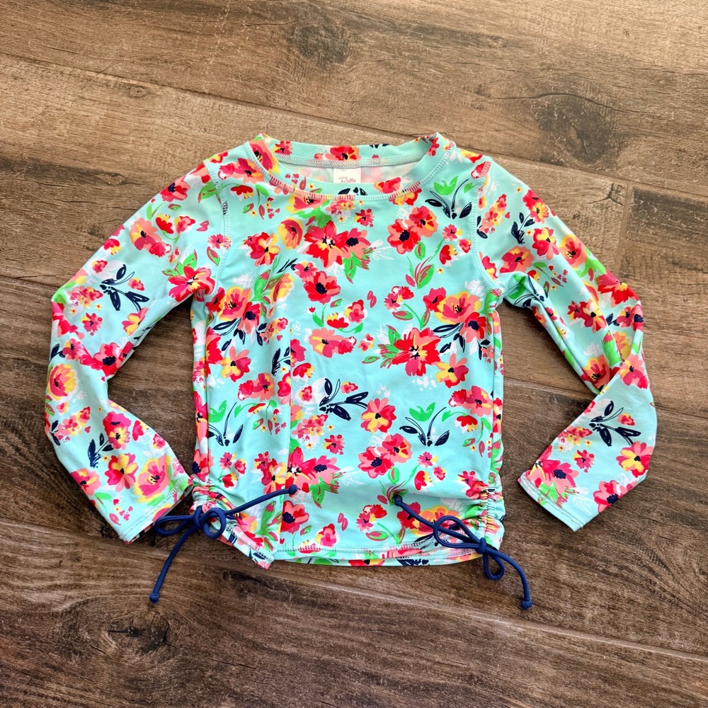 RuffleButts Kids Floral Long Sleeve Rash Guard Swim Top, Mint Green, 5